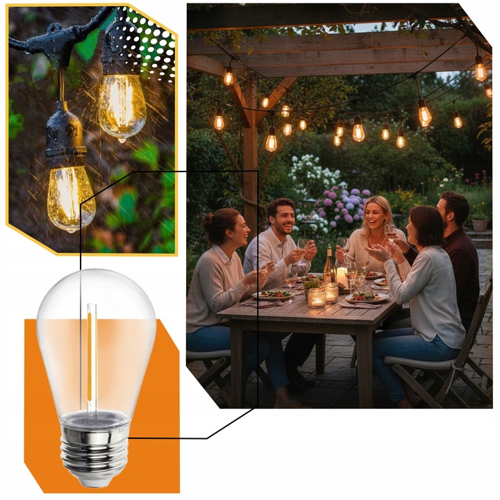 GIRLANDA ogrodowa 10m + 10 żarówek E27 LED Wodoszczelna zewnętrzna przewód Średnica kuli 5 cm